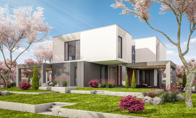 Fototapeta na wymiar 3d rendering of modern cozy house in the garden with garage. Fresh spring day with a blooming trees. For sale or rent with flowers of sakura on background.