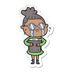 sticker of a cartoon crying woman wearing spectacles