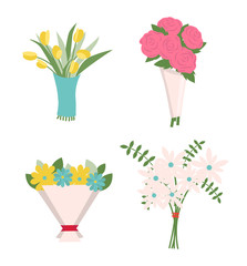 Flowers in wrapping vector, decoration isolated icons set. Tulips and roses in paper tied with red ribbon, green fern and foliage, rosebud present