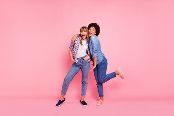 Full length body size view portrait two funky diversity she her ladies posing photo set open mouth...