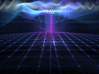 Obraz premium Abstract techno futuristic landscape, rays and waves.