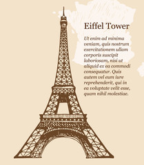 Hand drawn illustration of Eiffel Tower in Paris on beige background