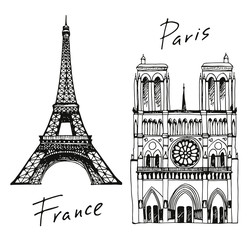 Eiffel Tower and Notre Dame de Paris Cathedral in Paris, France vector illustration