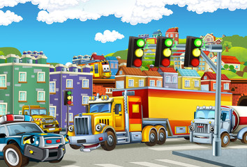 Obraz na płótnie Canvas cartoon scene with big truck with truck trailer in the middle of a city and police car helping - illustration for children