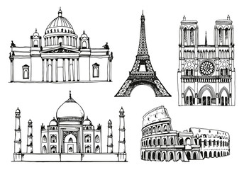 Landmarks of the world. Italy, France, Russia, India