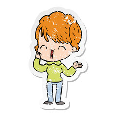 distressed sticker of a cartoon laughing woman