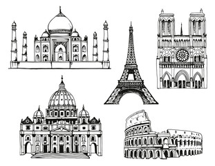 Obraz premium Attractions of the world. Italy, France, Russia, India