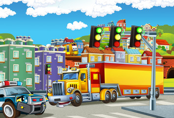 Obraz na płótnie Canvas cartoon scene with big truck with truck trailer in the middle of a city and police car helping - illustration for children