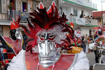 Masque à plumes rouges à la grande parade de Cayenne en Guyane française