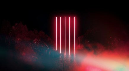Space futuristic landscape. Fiery meteorites, sparks, smoke, light arches. Dark background with light element in the center. Silhouette of a man, a reflection of neon lights.  3d rendering.