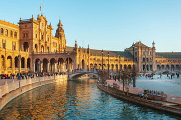 SEVILLA, SPAIN - January 13, 2018: The Spain Square is a plaza in the Parque de Maria Luisa in...