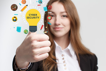Business, technology, internet and networking concept. Young entrepreneur showing keyword: Cyber...