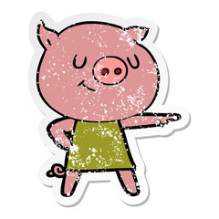 distressed sticker of a happy cartoon pig