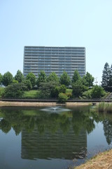 マンションと池