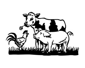 Animal farm, cow, pig and cock, black and white icon
