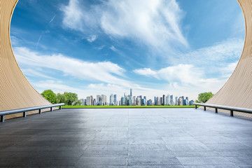 Empty floor and panoramic city skyline with buildings in shanghai