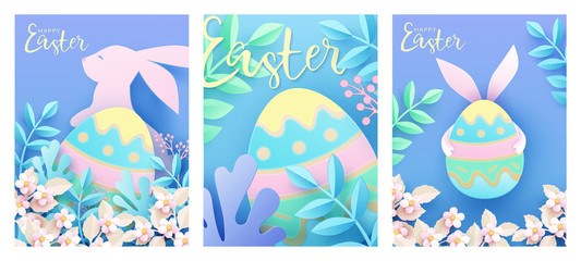 Fototapeta na wymiar Set of Easter cards with cute funny bunny, spring nature, flowers, ornate Easter egg. Flyer, banner, poster and template design. Paper art, digital craft style