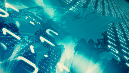 Binary code and world map, global cyber network