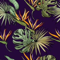 Seamless pattern with strelitzia flowers and tropical leaves. Hand drawn vector on dark purple background.