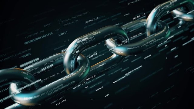 Metal chain with many binary numbers. Blockchain technology conceptual loopable 3D animation