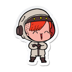 sticker of a cartoon laughing astronaut girl