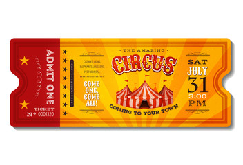 Vintage Circus Ticket/ Illustration of a vintage and retro design circus ticket, with big top, admit one coupon mention, bar code and text elements for arts festival and events © benchart