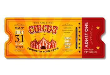 Vintage Circus Ticket/ Illustration of a vintage and retro design circus ticket, with big top, admit one coupon mention, bar code and text elements for arts festival and events - obrazy, fototapety, plakaty