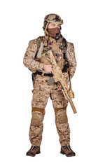 Special forces soldier with rifle on white background. army, military and people concept