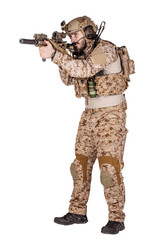 Special forces soldier with rifle on white background. army, military and people concept