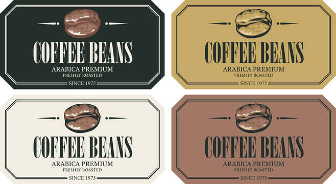 Vector set of labels for freshly roasted coffee beans. Coffee labels with coffee bean in a frame in retro style with inscription. Arabica premium.