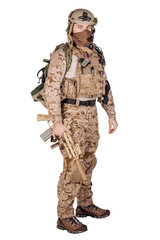Special forces soldier with rifle on white background. army, military and people concept