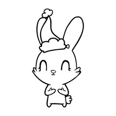 cute line drawing of a rabbit wearing santa hat