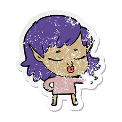distressed sticker of a pretty cartoon elf girl pointing