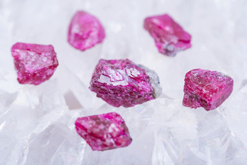 Top quality A grade small rough RUBY crystals from Tanzania on crystalline druzy center of Polished Blue Lace Agate slab from Brazil. RED CORUNDUM.