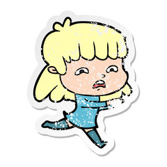 distressed sticker of a cartoon worried woman
