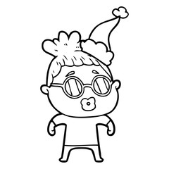 line drawing of a woman wearing spectacles wearing santa hat