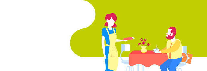 waitress giving bill or check for businessman to pay money in cafe business man sitting at table drinking coffee modern restaurant interior horizontal full length flat