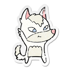 distressed sticker of a friendly cartoon wolf
