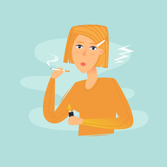 Woman smokes, bad habit, health. Flat design vector illustration.