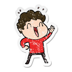 distressed sticker of a cartoon happy man