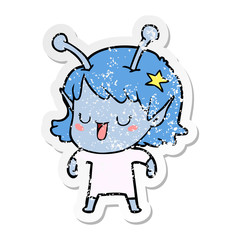 distressed sticker of a happy alien girl cartoon