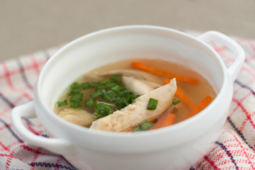 Chicken soup with green onions, on a white chequered table-napkin