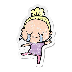 distressed sticker of a cartoon crying old lady