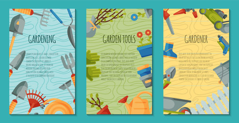 Garden tools set of posters or cards vector illustration. Equipment as wheelbarrow, trowel, fork hoe, boots, gloves, shovels and lawn mower, watering can. Plant such as flower and tree.
