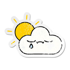 distressed sticker of a cute cartoon sunshine and cloud