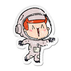 distressed sticker of a happy cartoon astronaut pointing