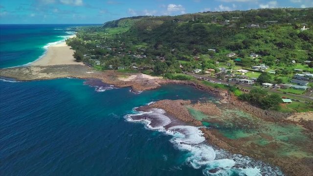 Aerial view of the North Shore of Oahu, area of the place named Shark Cove. Hawaii, USA