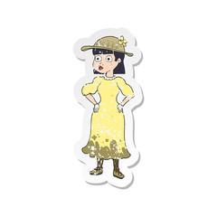 retro distressed sticker of a cartoon woman in muddy dress