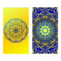 Set Of Template Greeting Card, Invitation With Space For Text. Mandala Design. Vector Illustration. Yellow blue color
