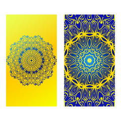 Ethnic Mandala Ornament. Templates With Mandalas. Vector Illustration For Congratulation Or Invitation. The Front And Rear Side. yELLOW BLUE COLOR